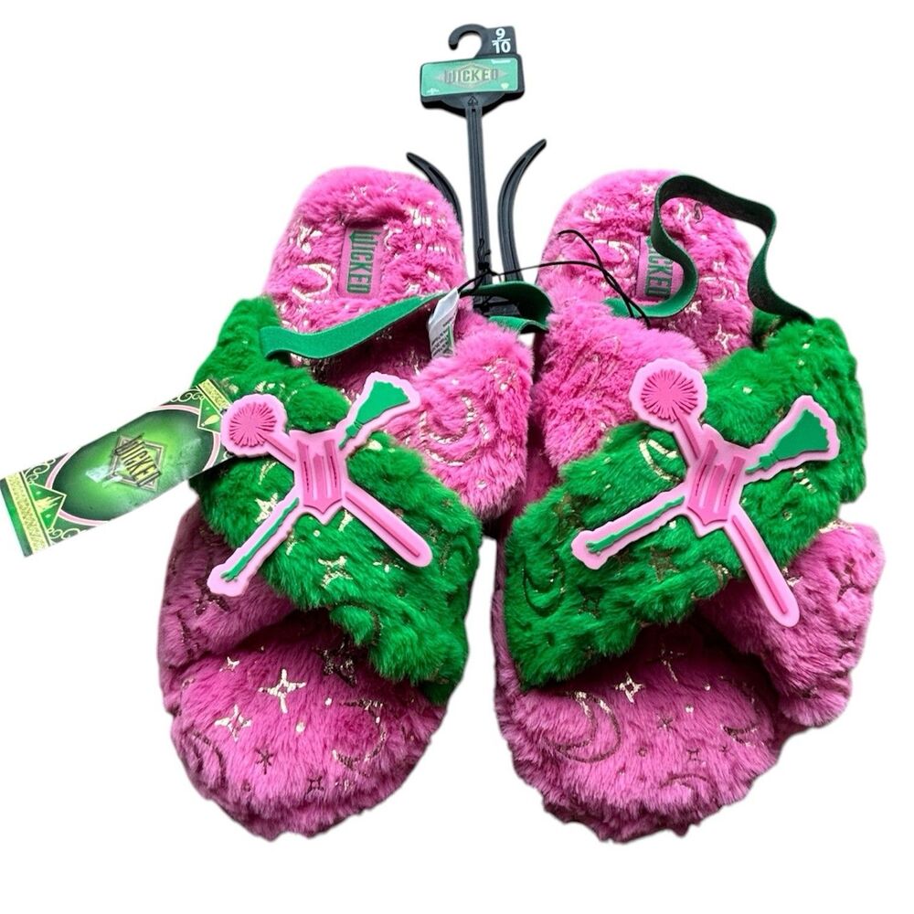 Ground Up Wicked Movie Womens Slippers Sz 9-10 Pink Green Plush Defy Gravity NWT